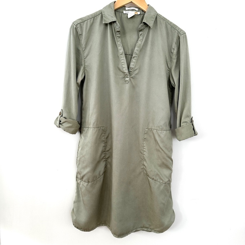 C&C California shirt dress with a v-neck & roll tab sleeves, mini length